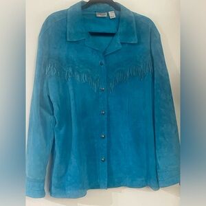 Chicos Women’s turquoise fringed 100% Leather jacket. Sz. 3